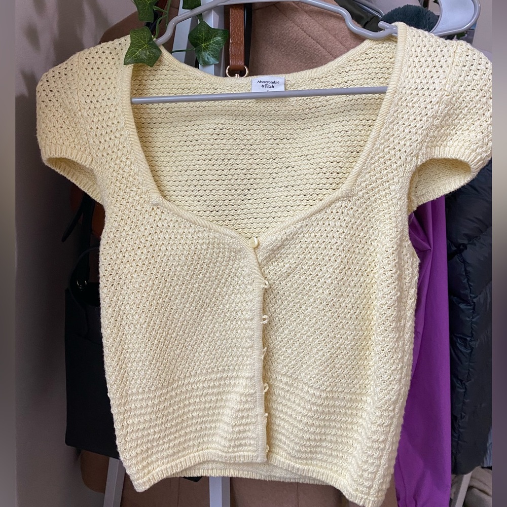 Abercrombie & Fitch Pale Yellow Cropped Knit Button-Up Top